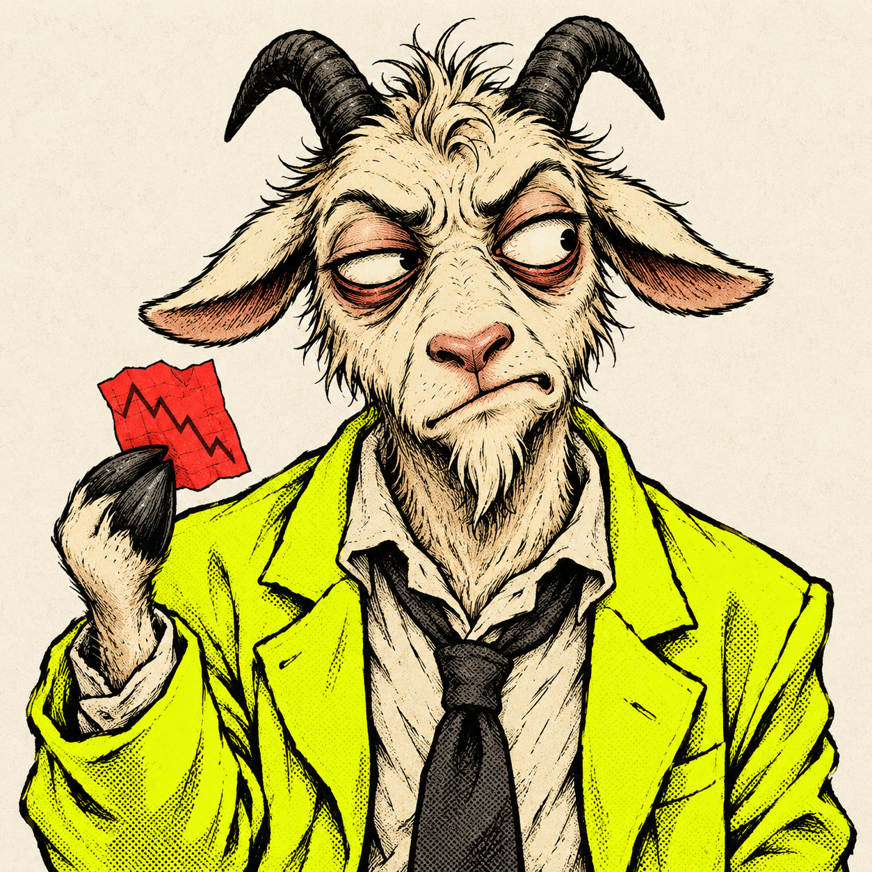 The department’s exhausted goat, holding a red chart in an acid-yellow blazer.